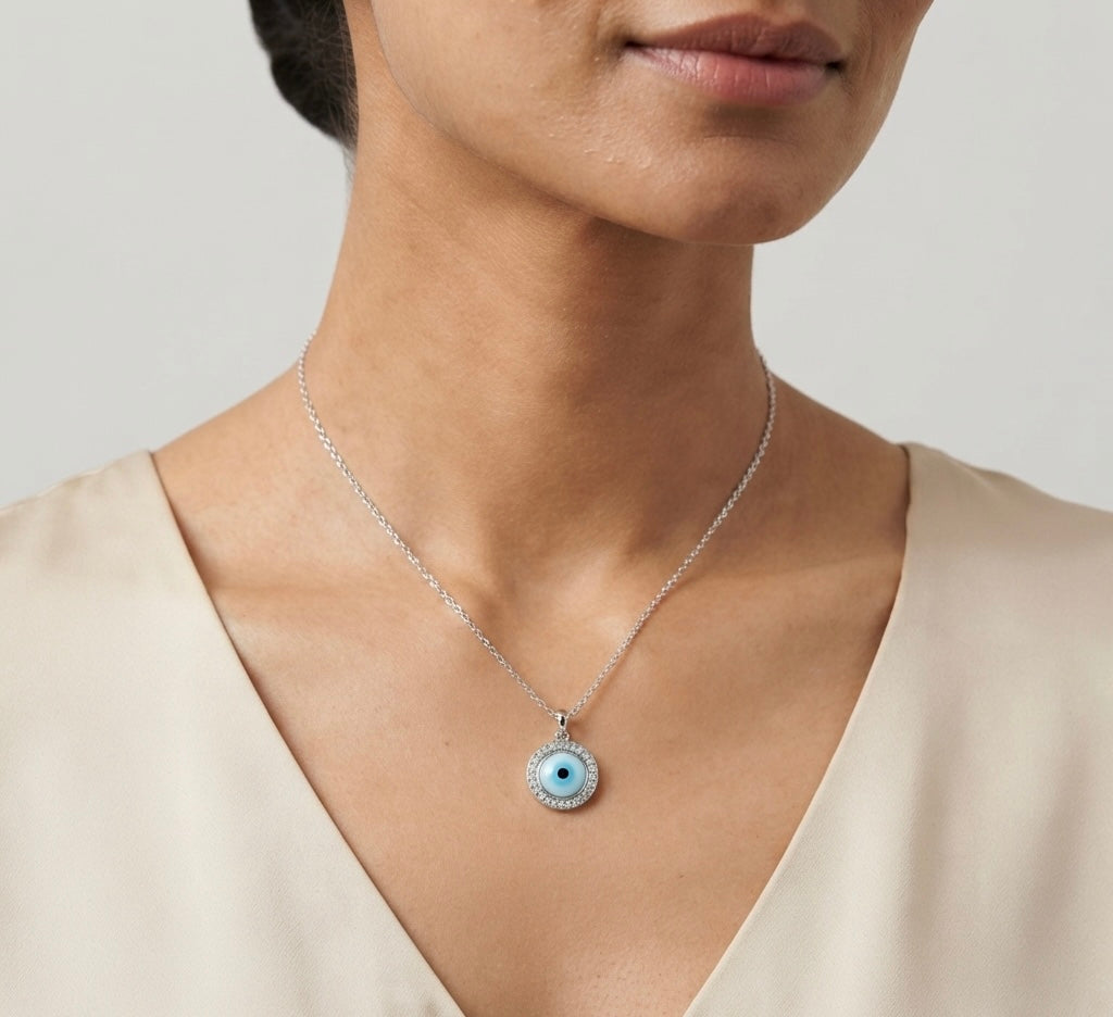 Evil Eye Silver Pendant Necklace with Sparkling Zircon Halo