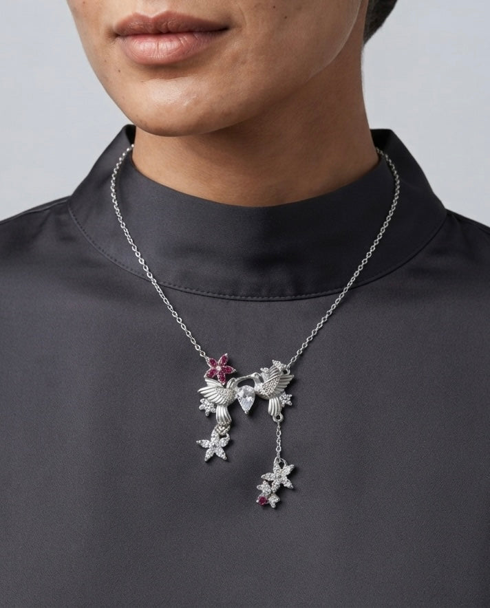 Lovebirds & Blossoms Silver Necklace