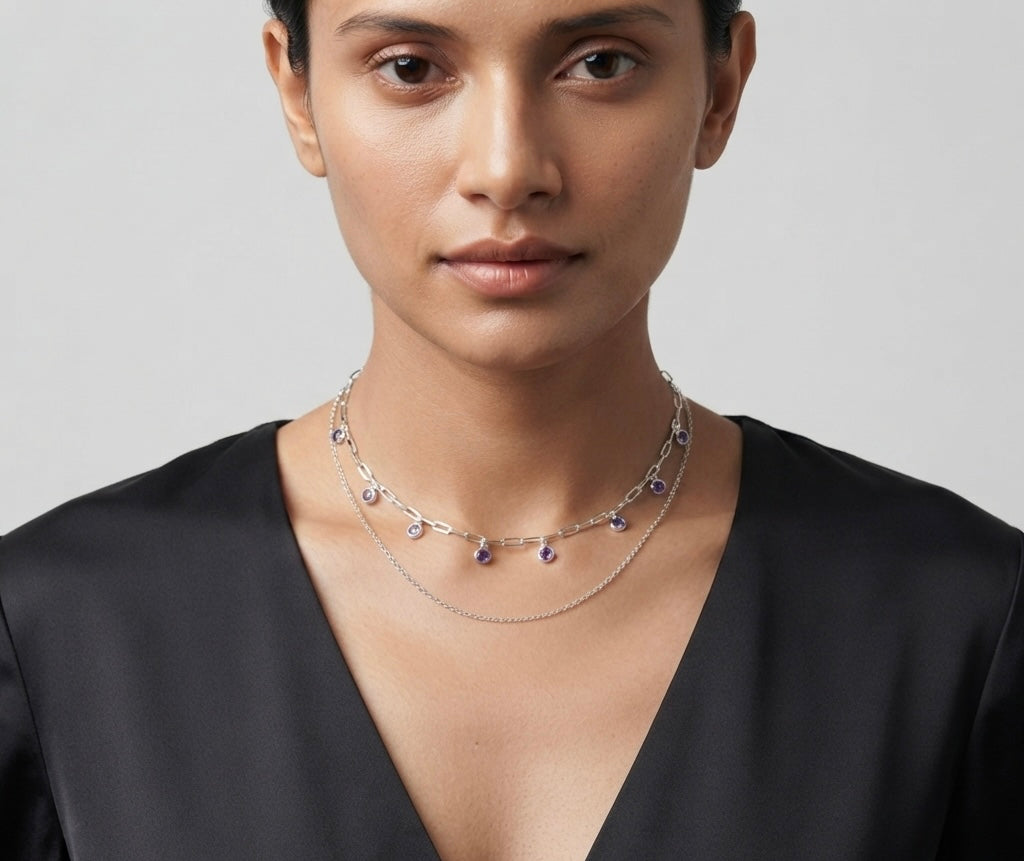 Purple Crystal Double-Layer Silver Necklace