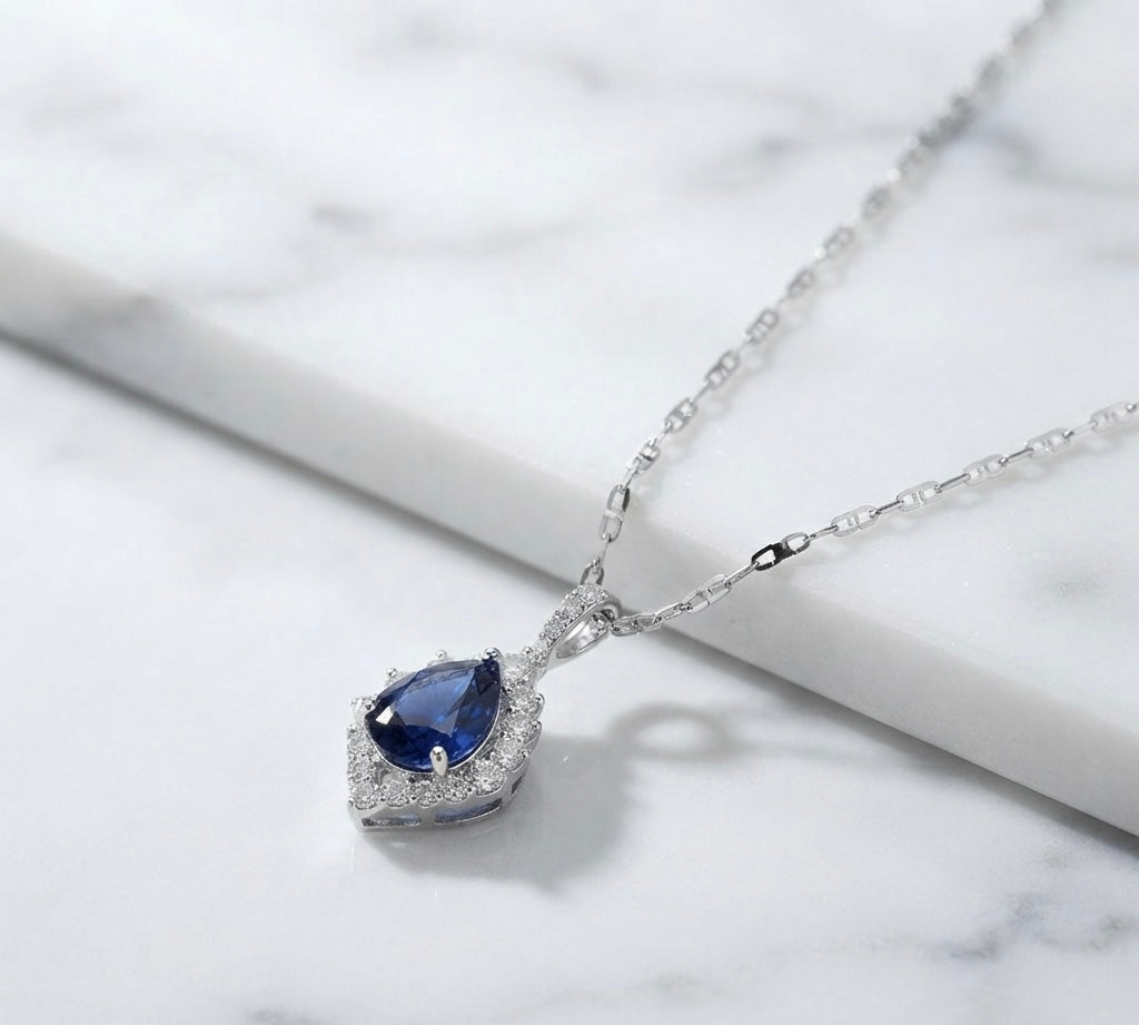 Royal Blue Teardrop Halo Silver Pendant Necklace