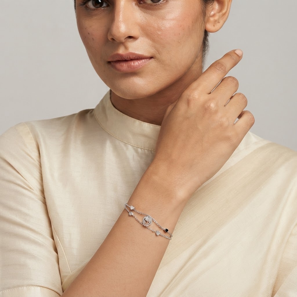 Double-Layer Heart Charm Silver Bracelet