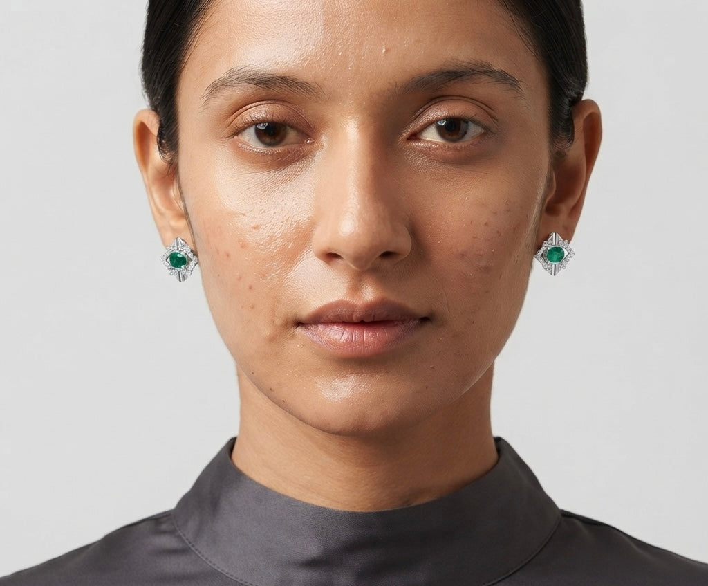 Emerald Geometric Halo Stud Earrings