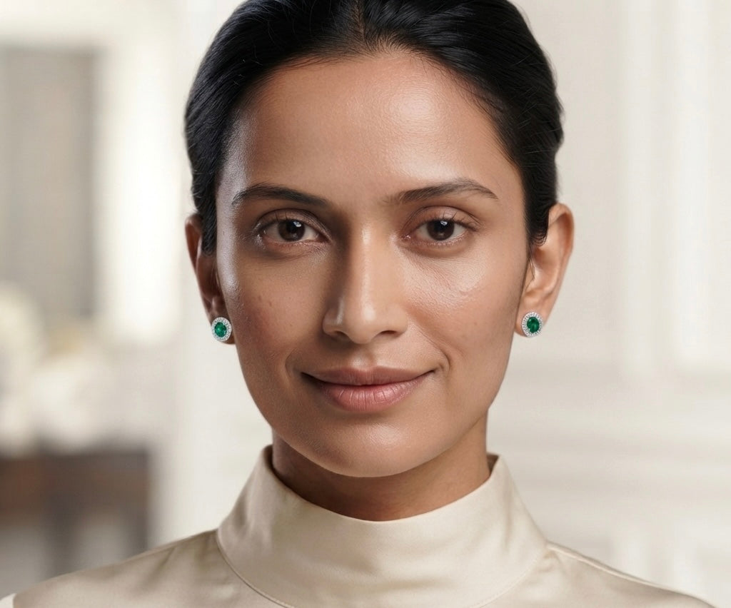 Emerald Round Halo Stud Earrings