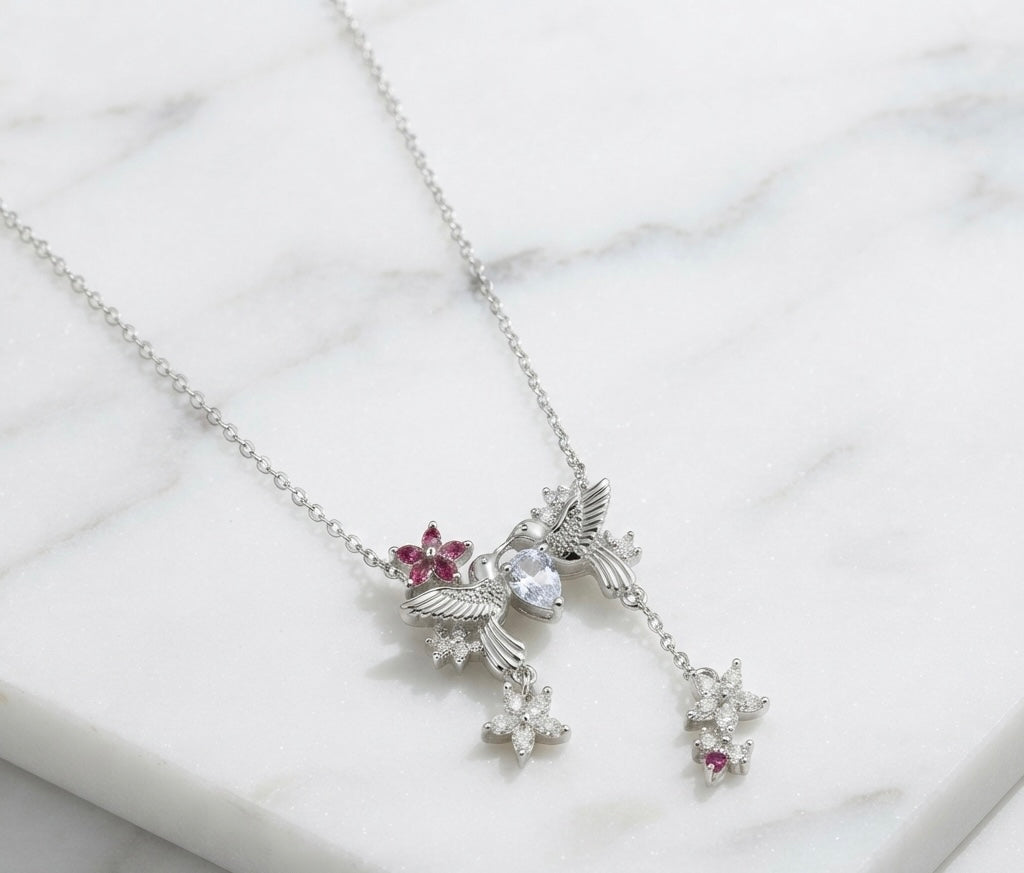 Lovebirds & Blossoms Silver Necklace
