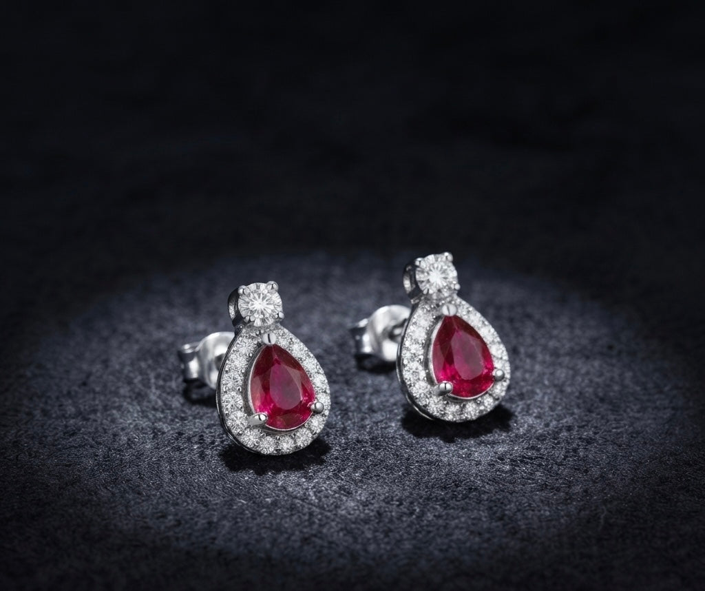 Ruby Teardrop Halo Stud Earrings
