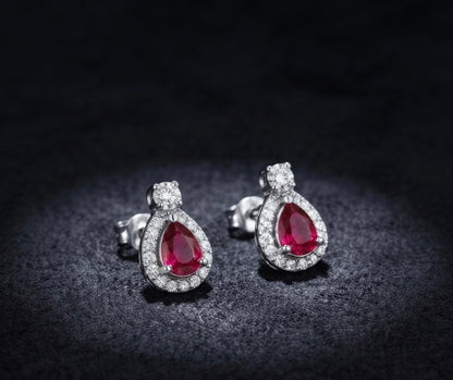 Ruby Teardrop Halo Stud Earrings
