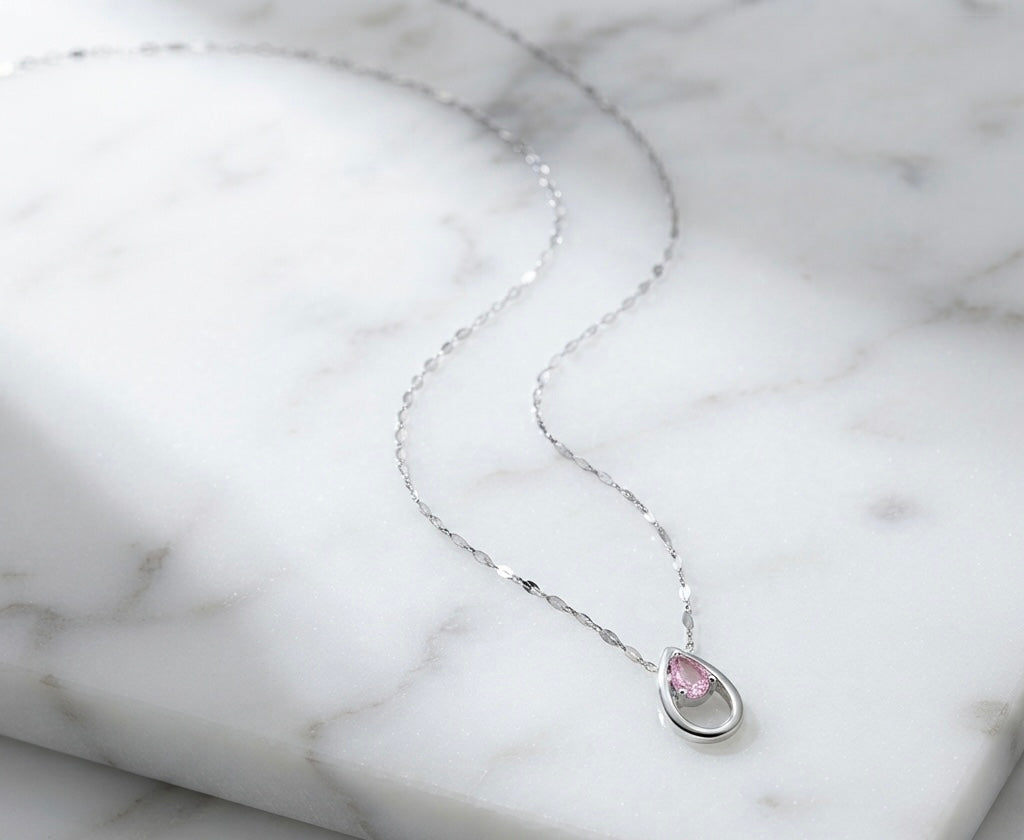 Blush Pink Teardrop Silver Necklace