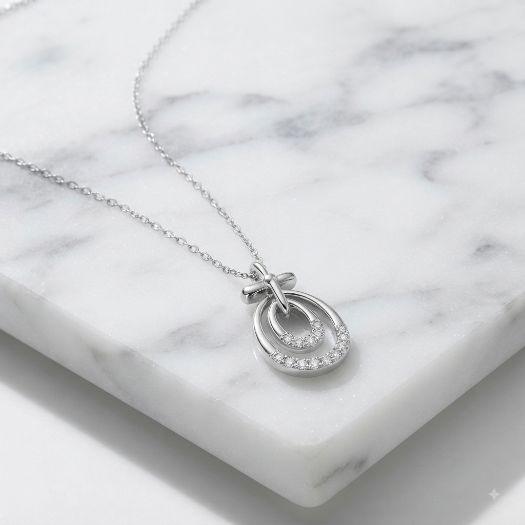 Elegant Dual Oval Silver Pendant Necklace with Sparkling Zircon Accents