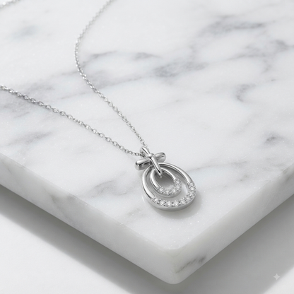 Elegant Dual Oval Silver Pendant Necklace with Sparkling Zircon Accents