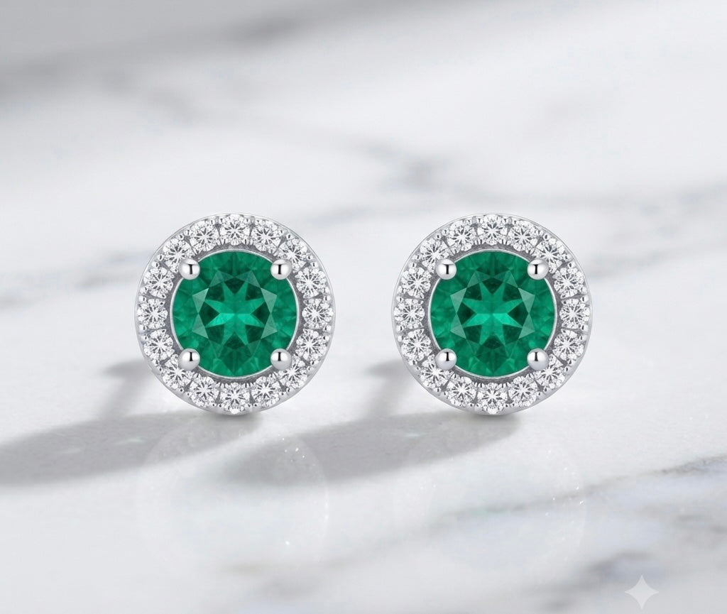 Emerald Round Halo Stud Earrings