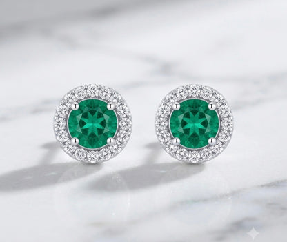 Emerald Round Halo Stud Earrings