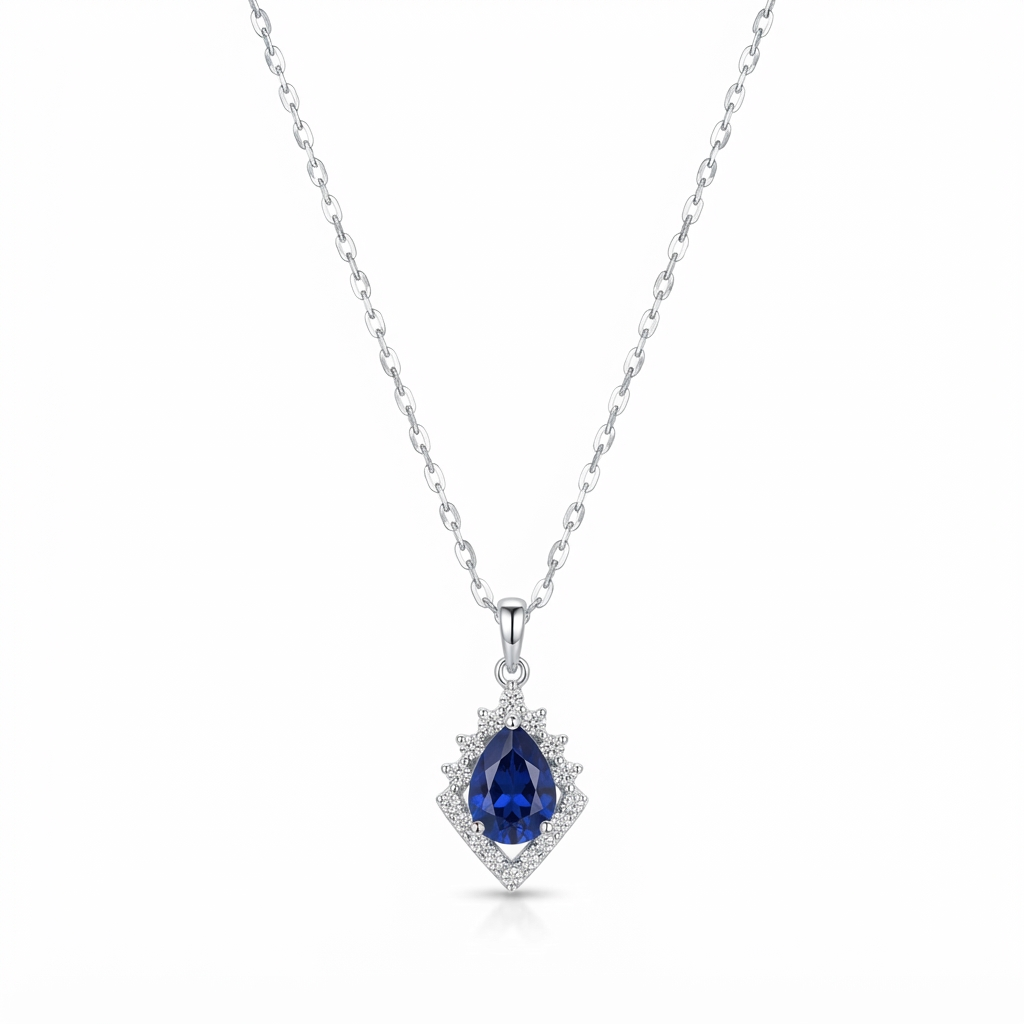 Royal Blue Teardrop Halo Silver Pendant Necklace