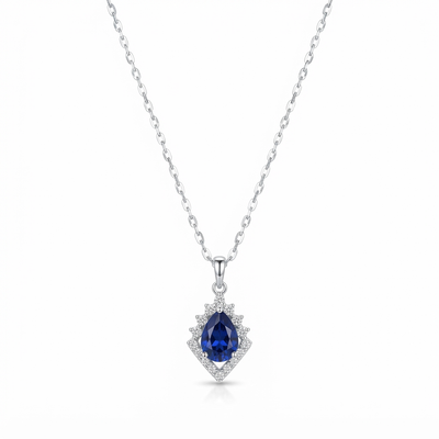 Royal Blue Teardrop Halo Silver Pendant Necklace