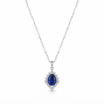 Royal Blue Teardrop Halo Silver Pendant Necklace