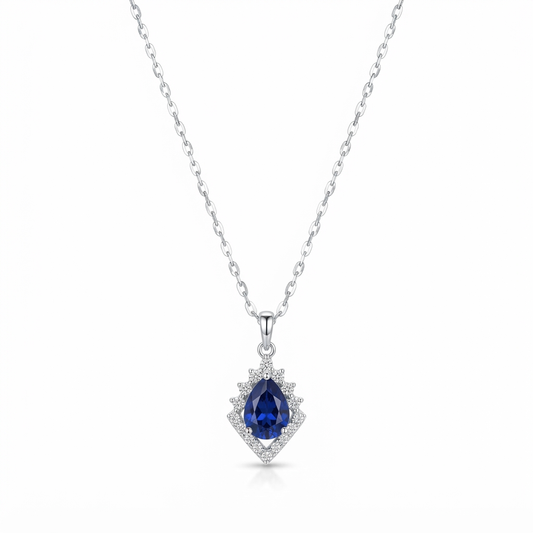 Royal Blue Teardrop Halo Silver Pendant Necklace