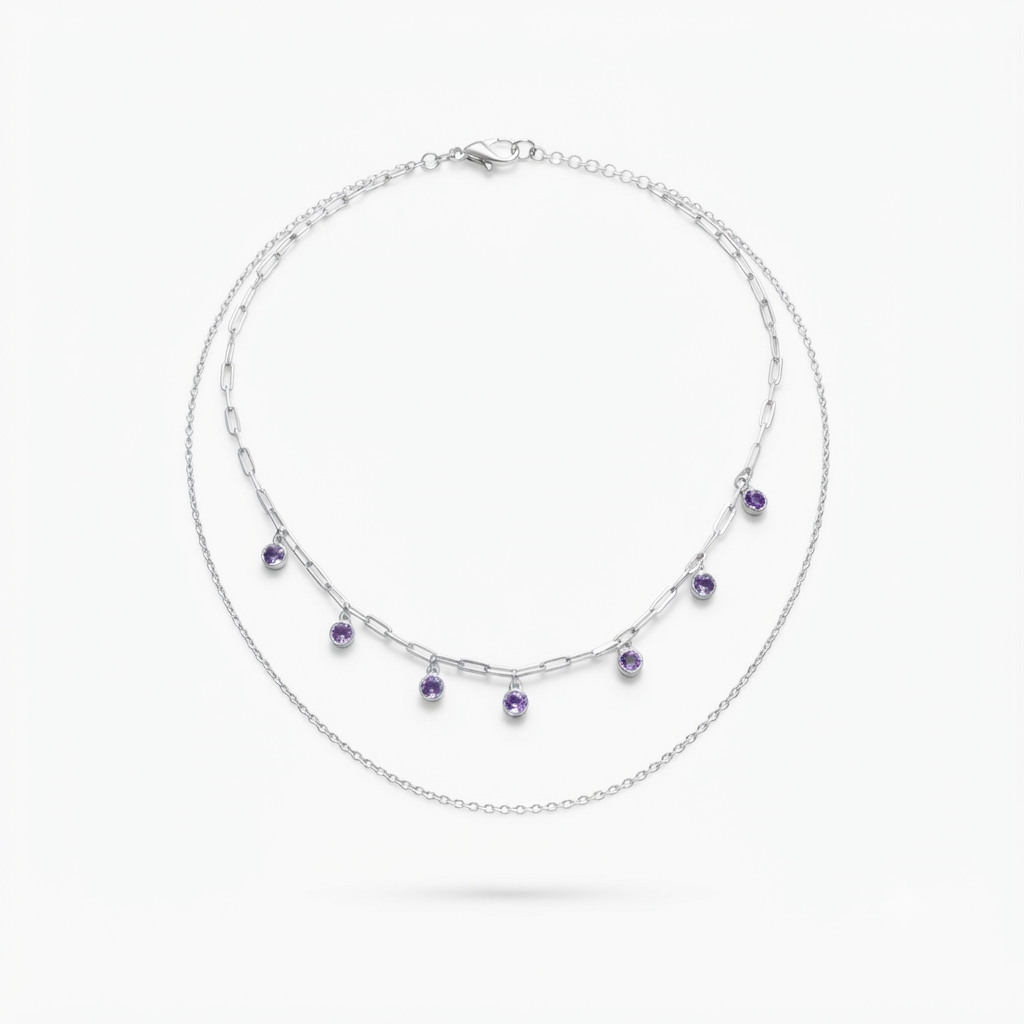 Purple Crystal Double-Layer Silver Necklace