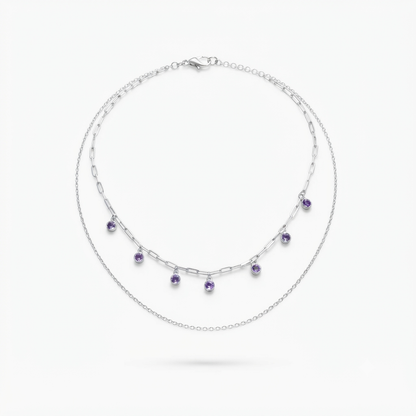 Purple Crystal Double-Layer Silver Necklace