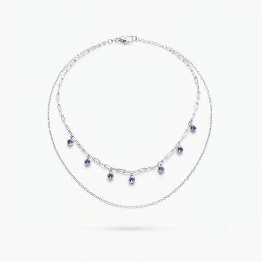 Purple Crystal Double-Layer Silver Necklace