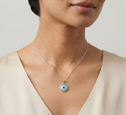 Evil Eye Silver Pendant Necklace with Sparkling Zircon Halo