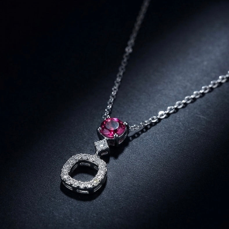 Pink Solitaire & Sparkling Halo Silver Pendant Necklace
