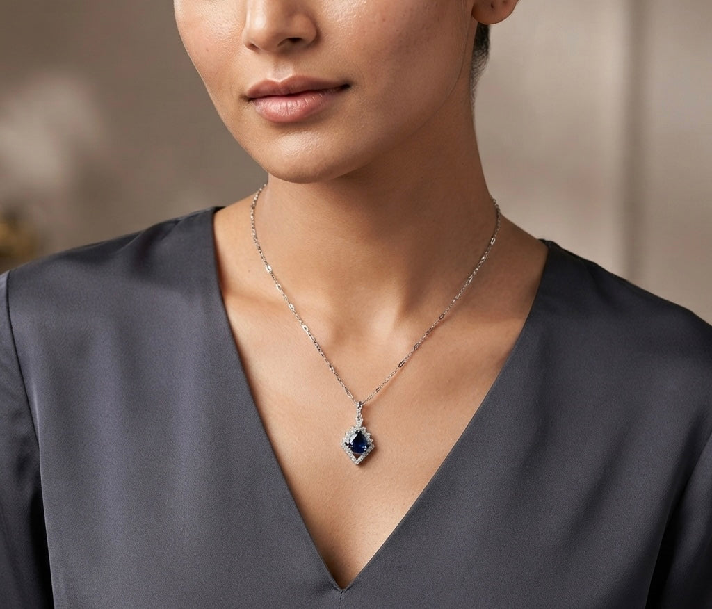 Royal Blue Teardrop Halo Silver Pendant Necklace