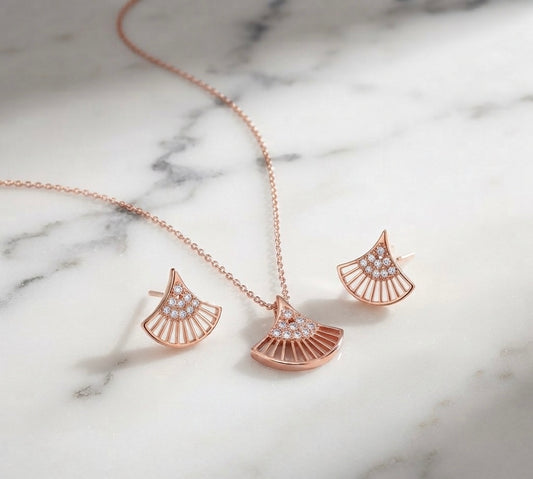 Rose Gold Fan-Shaped Sparkle Pendant & Stud Earrings Set