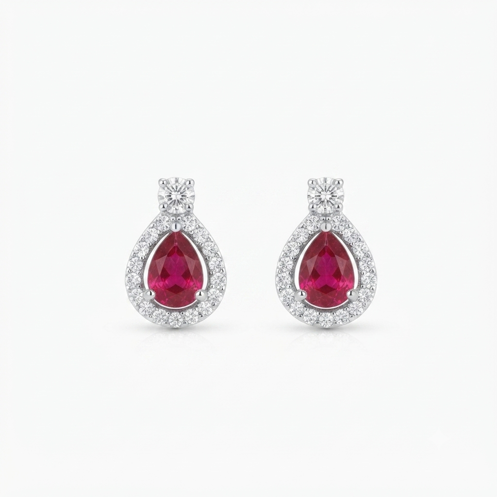 Ruby Teardrop Halo Stud Earrings