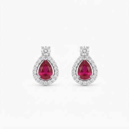 Ruby Teardrop Halo Stud Earrings