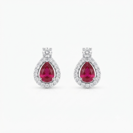 Ruby Teardrop Halo Stud Earrings