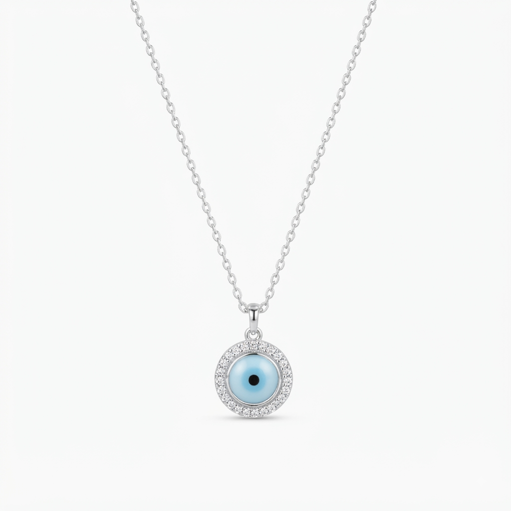 Evil Eye Silver Pendant Necklace with Sparkling Zircon Halo