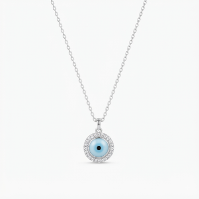 Evil Eye Silver Pendant Necklace with Sparkling Zircon Halo