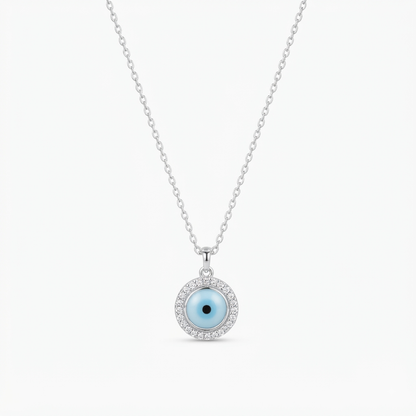 Evil Eye Silver Pendant Necklace with Sparkling Zircon Halo