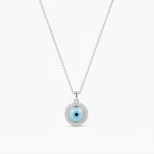 Evil Eye Silver Pendant Necklace with Sparkling Zircon Halo