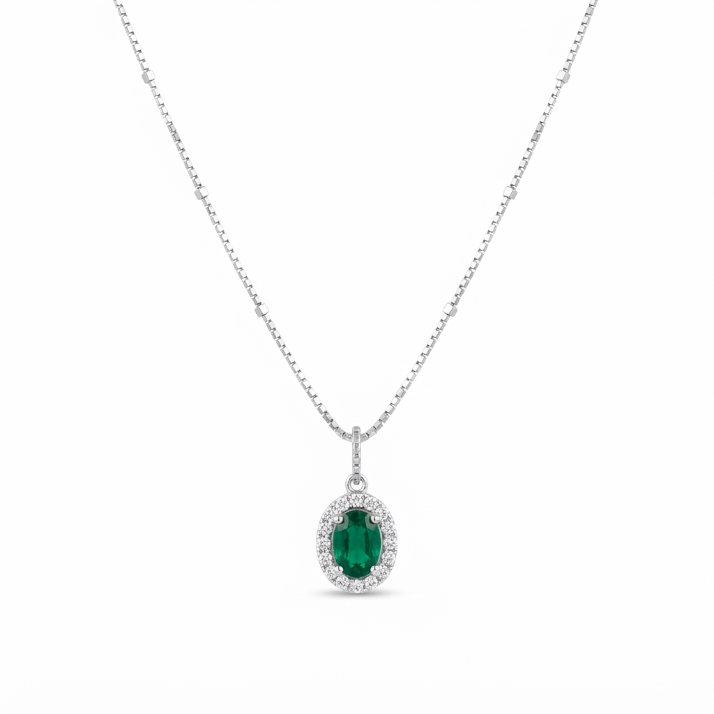 Emerald Green Halo Silver Pendant Necklace with Zircon Accents