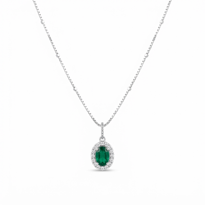 Emerald Green Halo Silver Pendant Necklace with Zircon Accents