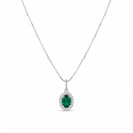 Emerald Green Halo Silver Pendant Necklace with Zircon Accents