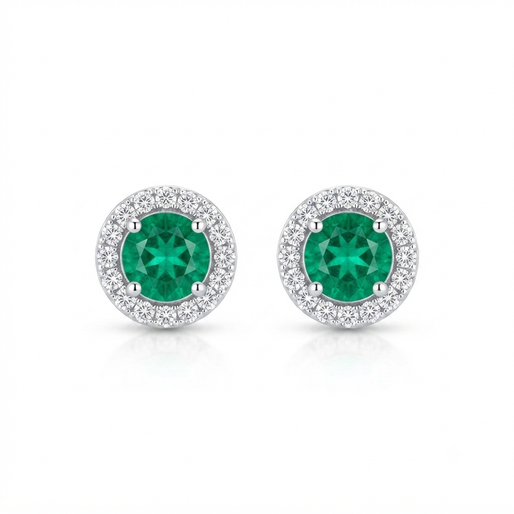 Emerald Round Halo Stud Earrings