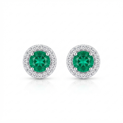 Emerald Round Halo Stud Earrings