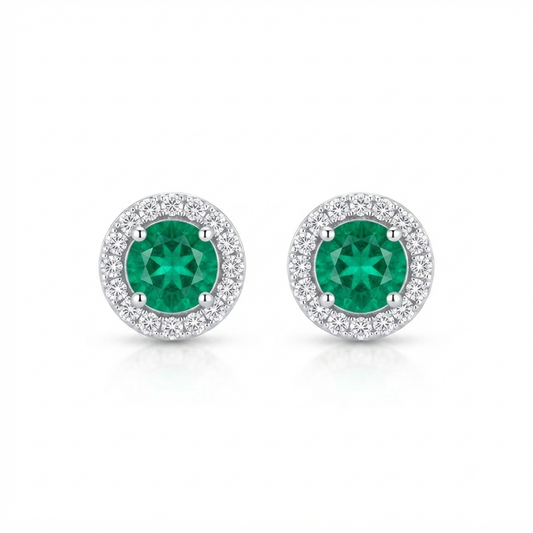 Emerald Round Halo Stud Earrings