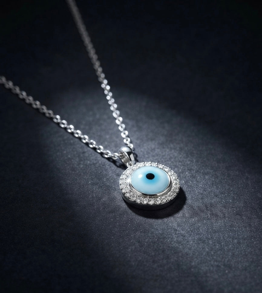 Evil Eye Silver Pendant Necklace with Sparkling Zircon Halo