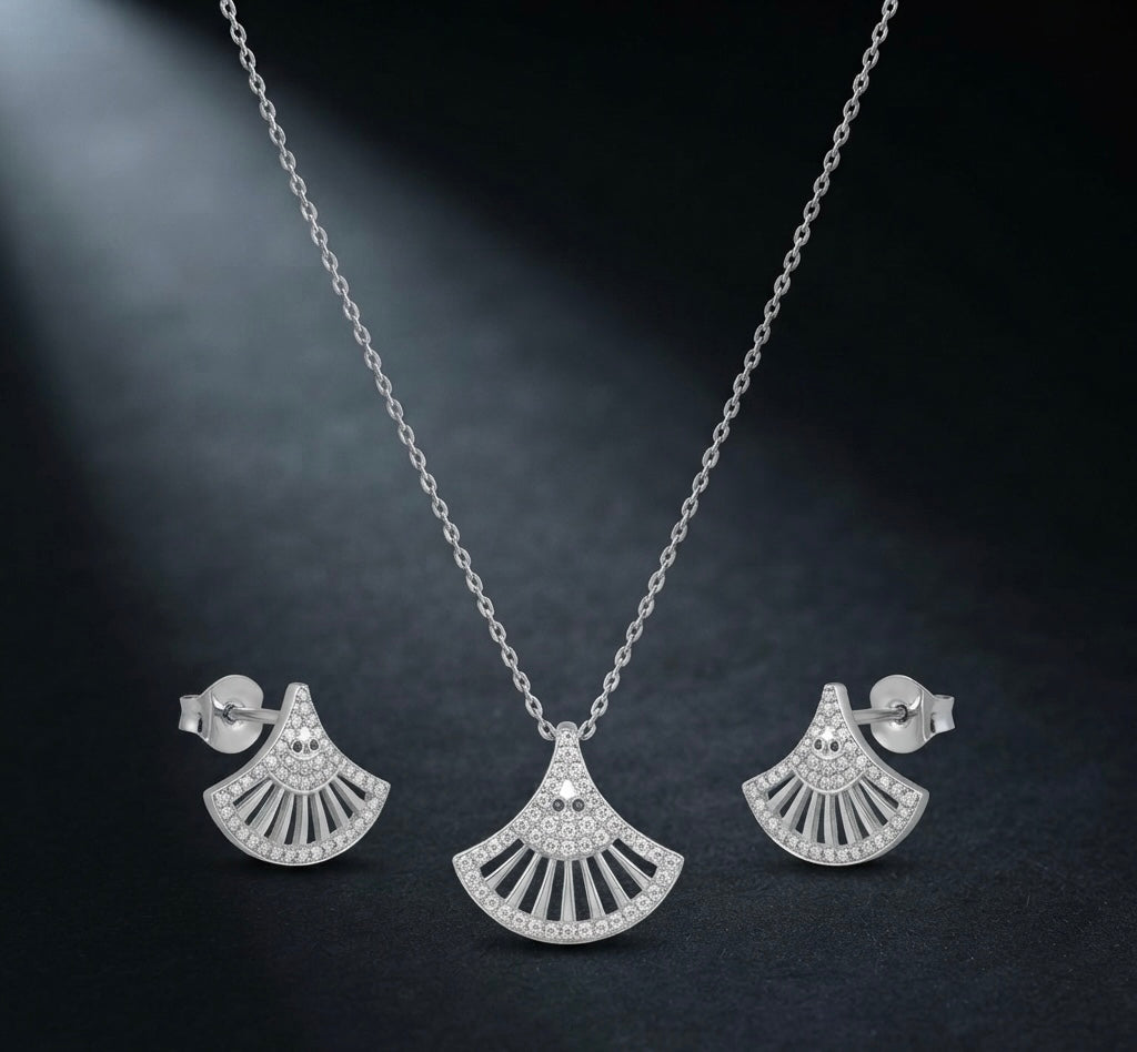 Radiant Fan-Shaped Silver Pendant & Earrings Set