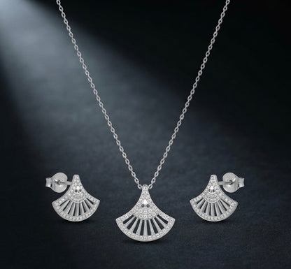 Radiant Fan-Shaped Silver Pendant & Earrings Set