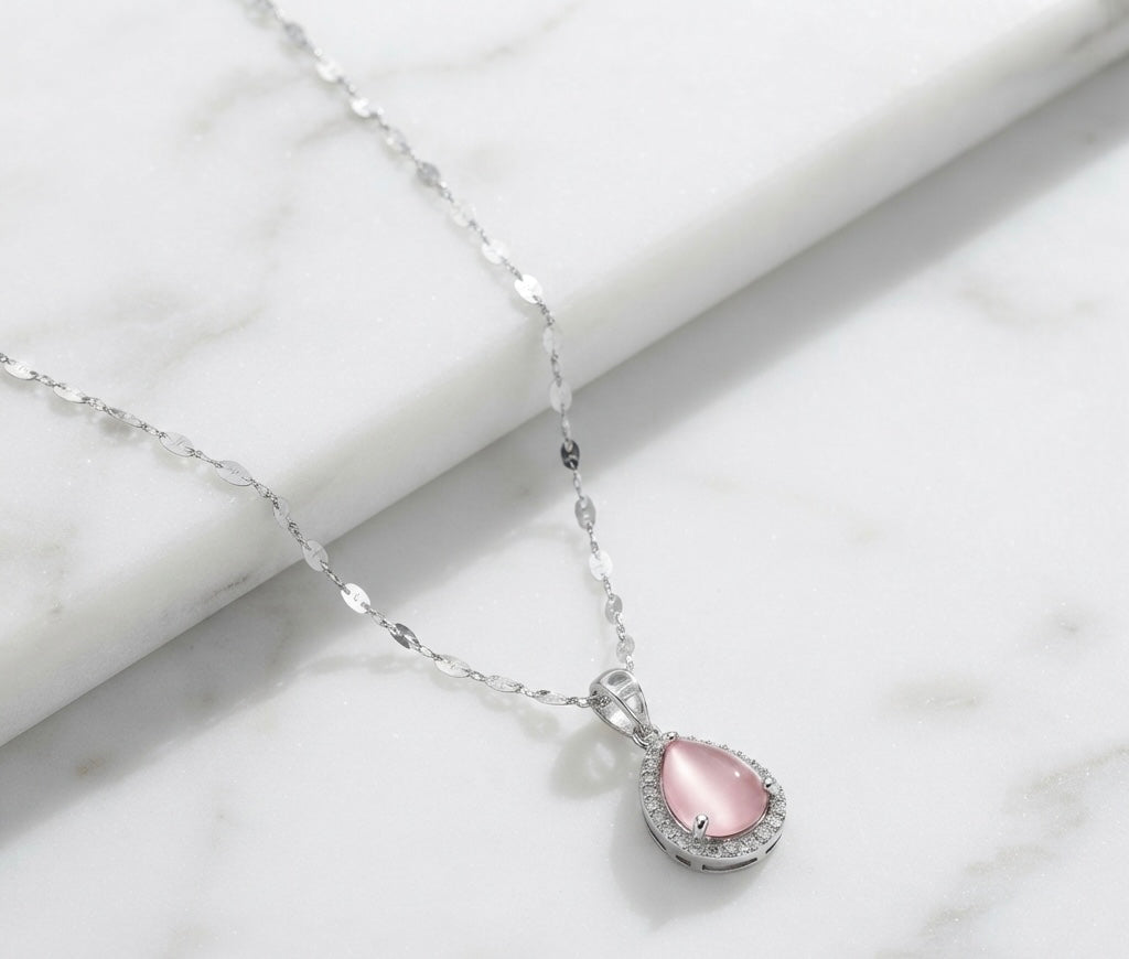 Blush Pink Teardrop Halo Pendant Necklace