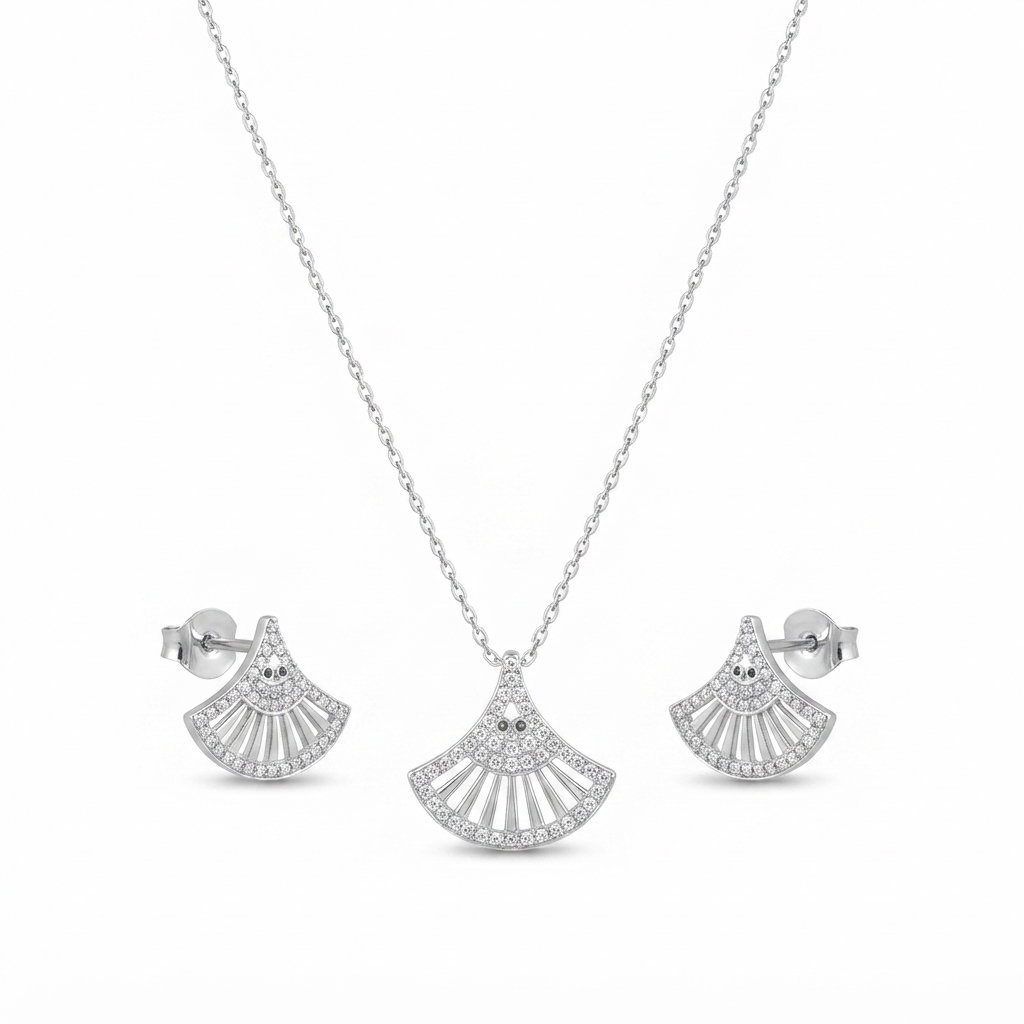 Radiant Fan-Shaped Silver Pendant & Earrings Set