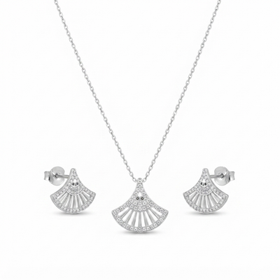 Radiant Fan-Shaped Silver Pendant & Earrings Set