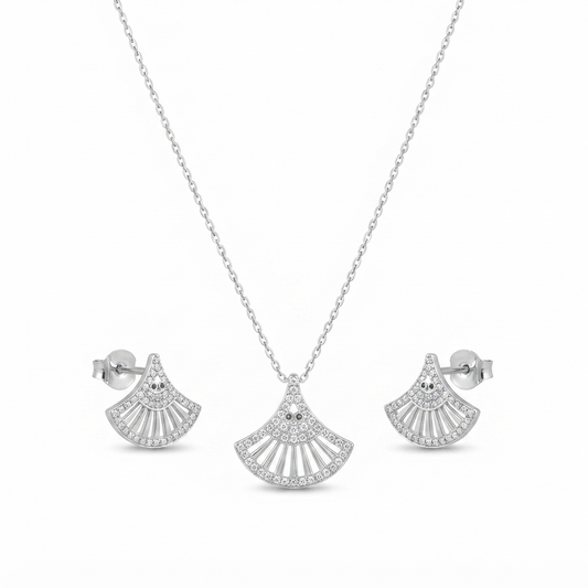 Radiant Fan-Shaped Silver Pendant & Earrings Set