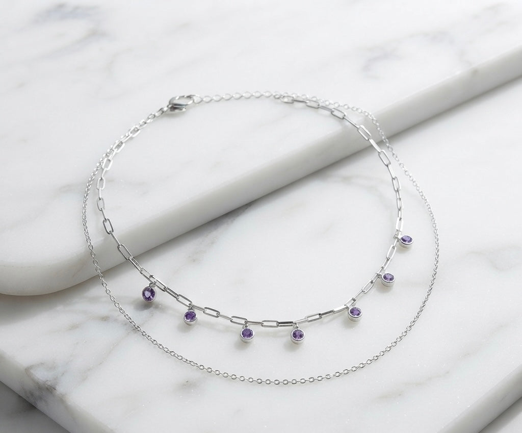 Purple Crystal Double-Layer Silver Necklace