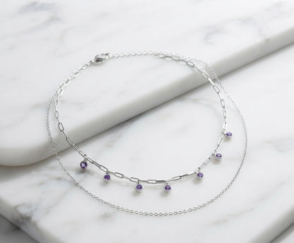 Purple Crystal Double-Layer Silver Necklace