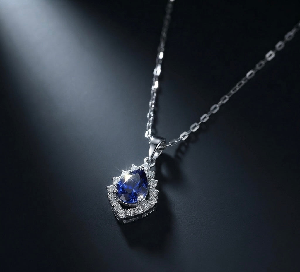 Royal Blue Teardrop Halo Silver Pendant Necklace