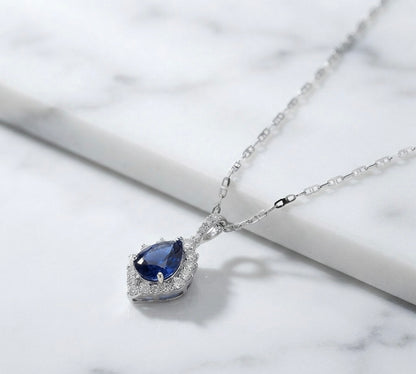 Royal Blue Teardrop Halo Silver Pendant Necklace